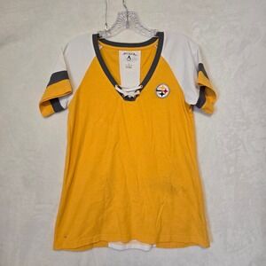 Antigua Pittsburgh Steelers Womens V Neck Lace Up T Shirt Yellow Gray Size L